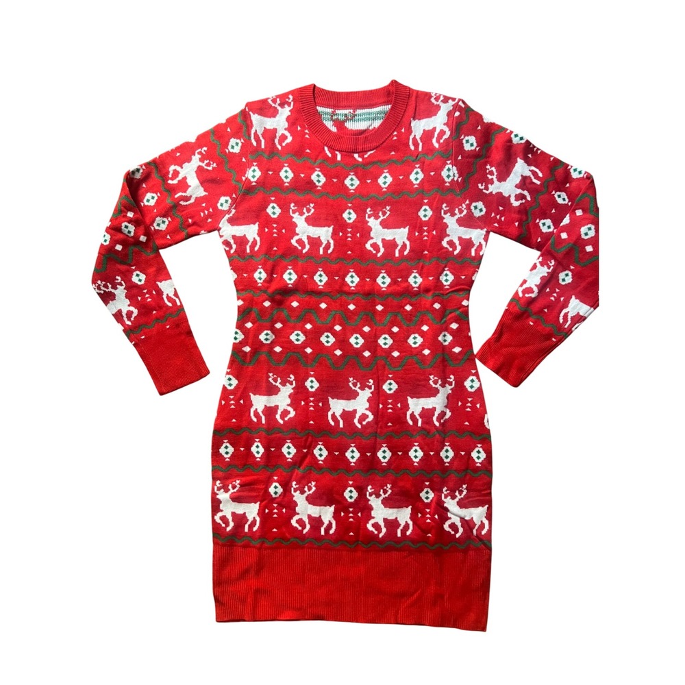 Womens Red Fair Isle Reindeer Christmas Sweater Dress Long Sleeve Medium